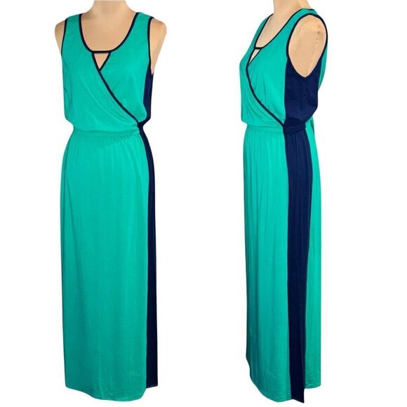 Lilla.P Maxi Dress Sz.L Green Blue Jersey Sleeveless Colorblock Summer Preppy - Picture 1 of 10